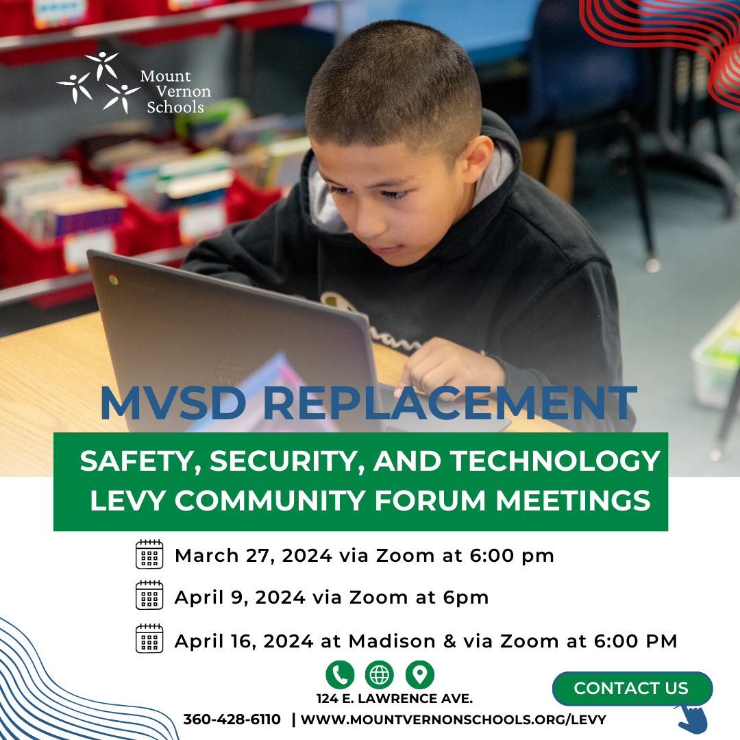 Image of a student working on a laptop with the MVSD Levy Replacement community forum information.